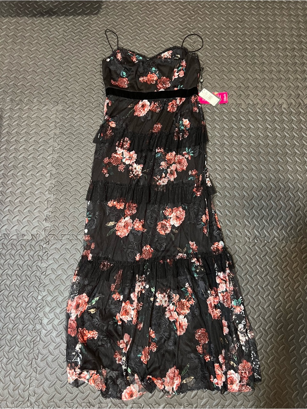Adrianna Papell Black Maxi Dress with Pink and Coral Floral Print